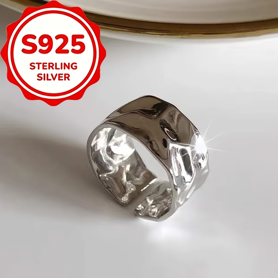Women's S925 Silver Irregular Textured Adjustable Ring, Elegant Gift